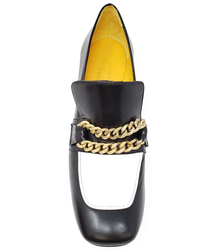 Black & White Leather Mid Heel Loafer W/Chain
