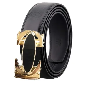 Black and Gold Mens Adjustable Ratchet Slide Buckle Belt - Genuine Leather Automatic Belt with No