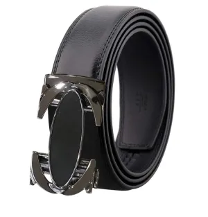 Black and Gun Mens Adjustable Ratchet Slide Buckle Belt - Genuine Leather Automatic Belt with No
