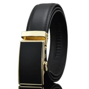 Black Belt Black Gold Buckle Mens Adjustable Ratchet Slide Buckle Belt - Genuine Leather Automatic