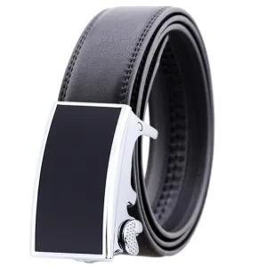Black Belt Black Matte Buckle Mens Adjustable Ratchet Slide Buckle Belt - Genuine Leather