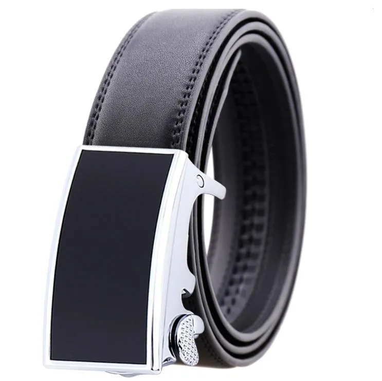 Black Belt Black Matte Buckle Mens Adjustable Ratchet Slide Buckle Belt - Genuine Leather