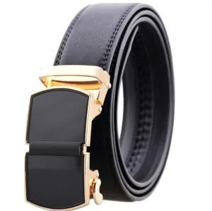 Black Belt Gold Buckle Mens Adjustable Ratchet Slide Buckle Belt - Genuine Leather Automatic Belt