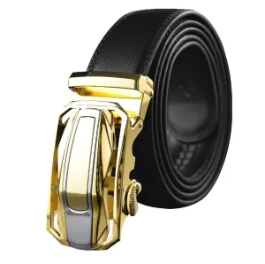 Black Belt Gold Buckle Mens Adjustable Ratchet Slide Buckle Belt - Genuine Leather Automatic Belt