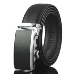 Black Belt Silver Black Matte Buckle Mens Adjustable Ratchet Slide Buckle Belt - Genuine Leather