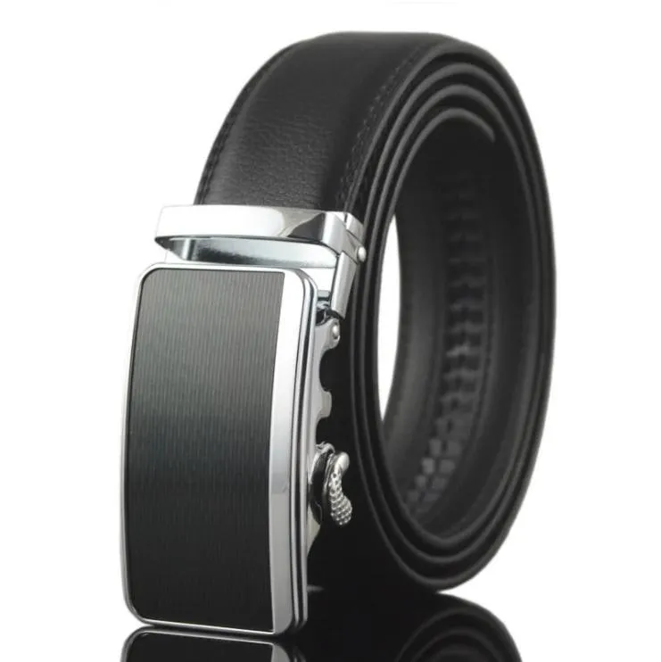 Black Belt Silver Black Matte Buckle Mens Adjustable Ratchet Slide Buckle Belt - Genuine Leather