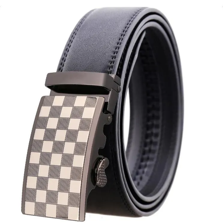 Black Belt Silver White Buckle Mens Adjustable Ratchet Slide Buckle Belt - Genuine Leather Automatic
