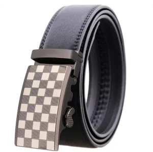 Black Belt Silver White Buckle Mens Adjustable Ratchet Slide Buckle Belt - Genuine Leather Automatic