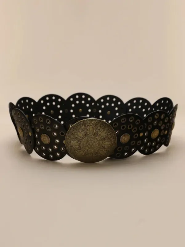 BLACK Boho 1pc Pu Women’s Black Western Style Hollow Out Metal Round Buckle Belt
