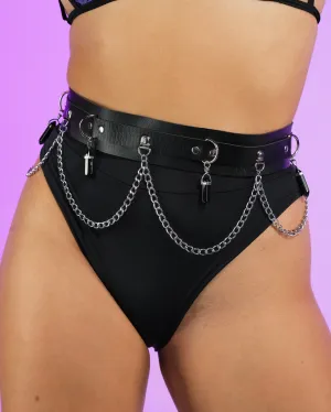Black Crystal and Chain Faux Leather Belt