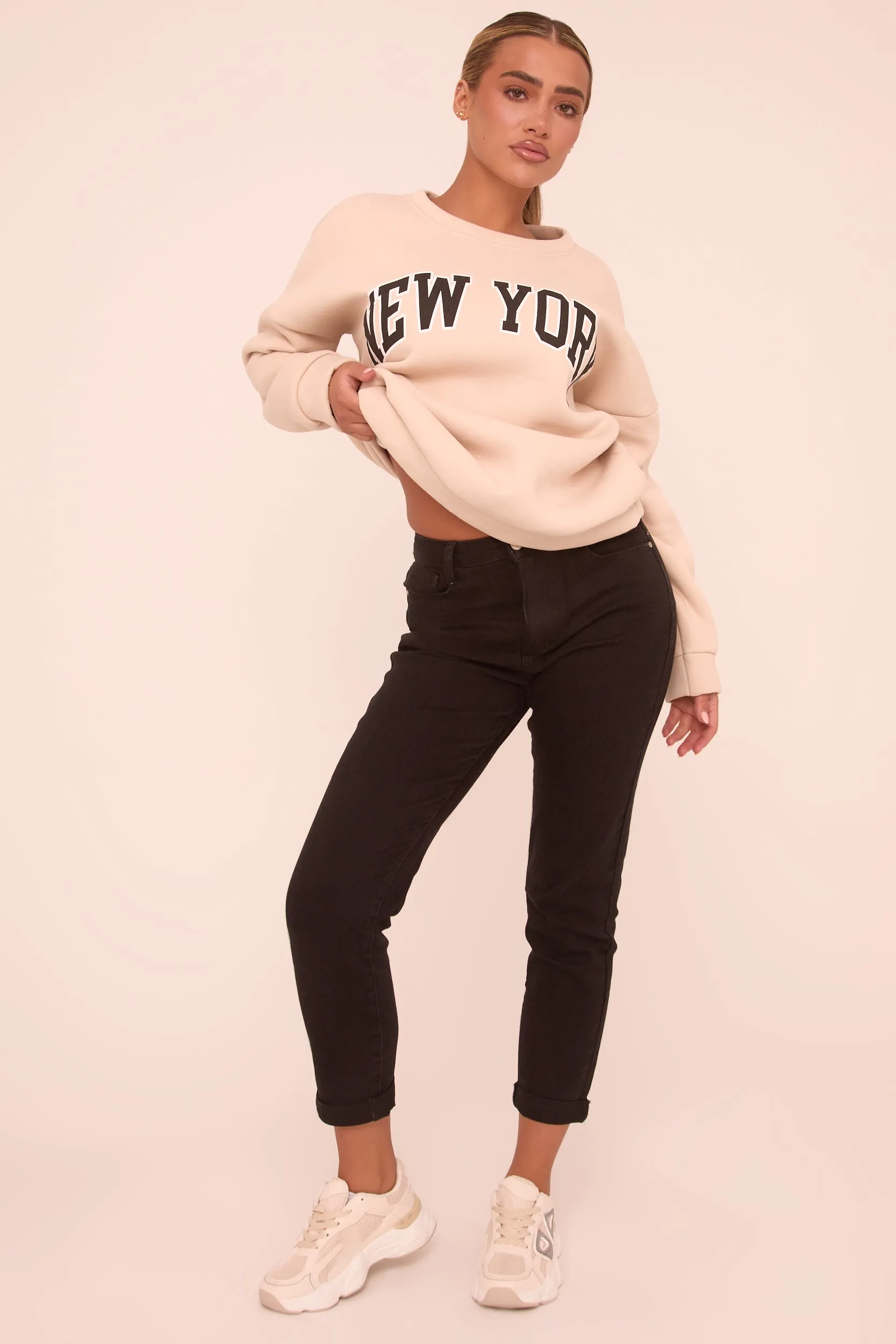Black High Waist Stretch Turn Up Hem Mom Jeans - Corra