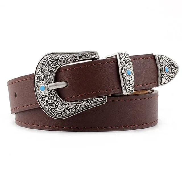 Black Leather Belt Women Metal Heart Buckle Waist Belt Vintage Western Carved Ladies Belt Waistband cinturon mujer