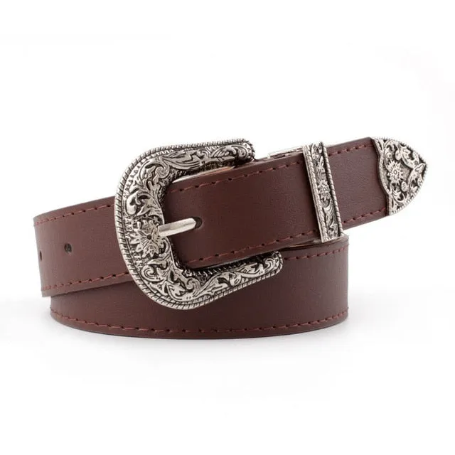 Black Leather Belt Women Metal Heart Buckle Waist Belt Vintage Western Carved Ladies Belt Waistband cinturon mujer