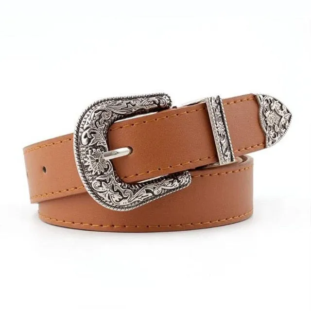 Black Leather Belt Women Metal Heart Buckle Waist Belt Vintage Western Carved Ladies Belt Waistband cinturon mujer