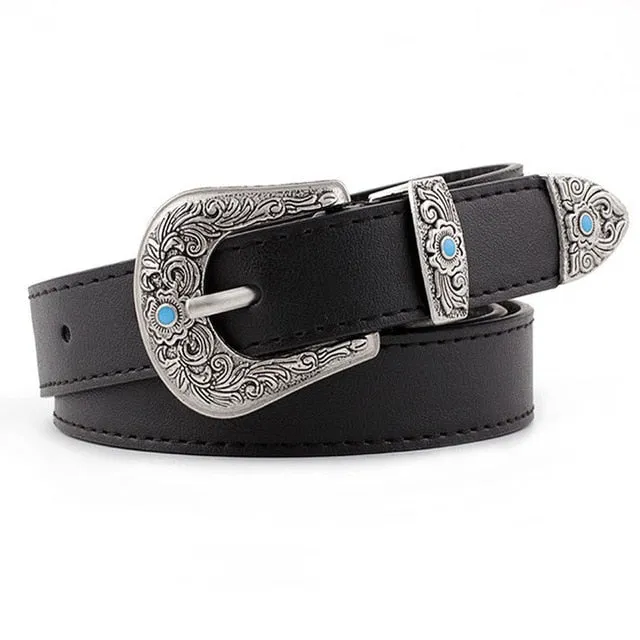 Black Leather Belt Women Metal Heart Buckle Waist Belt Vintage Western Carved Ladies Belt Waistband cinturon mujer