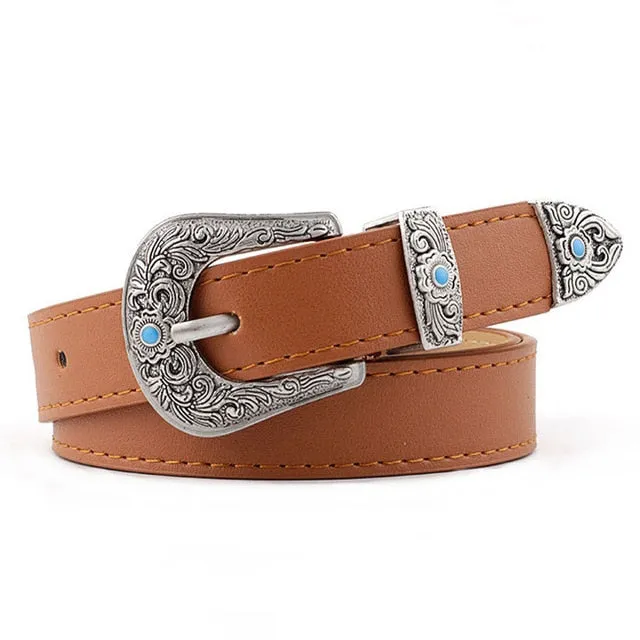 Black Leather Belt Women Metal Heart Buckle Waist Belt Vintage Western Carved Ladies Belt Waistband cinturon mujer