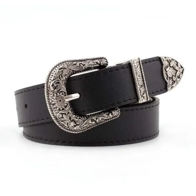 Black Leather Belt Women Metal Heart Buckle Waist Belt Vintage Western Carved Ladies Belt Waistband cinturon mujer