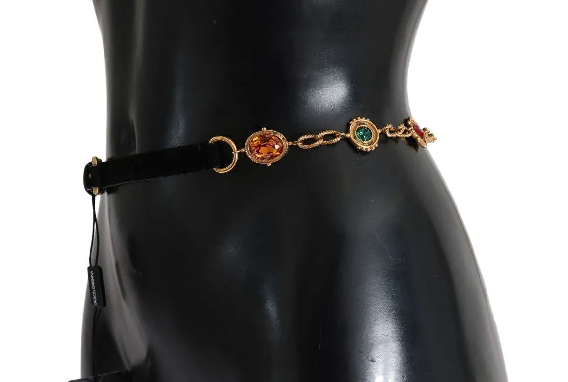 Black Leather Crystal Gold Chain Belt