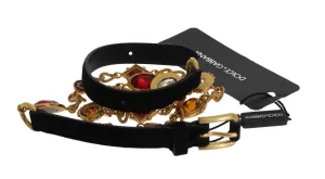 Black Leather Crystal Gold Chain Belt