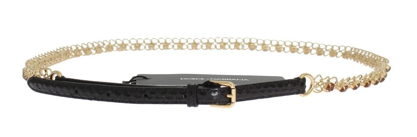 Black Leather Crystal Gold Chain Belt