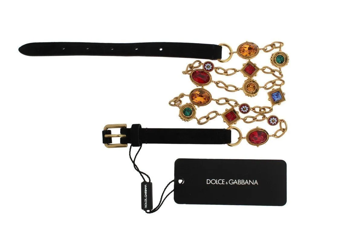 Black Leather Crystal Gold Chain Belt