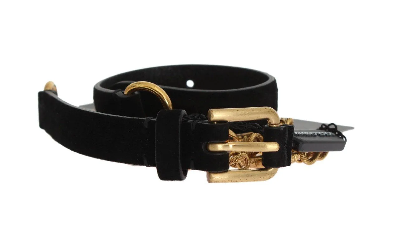Black Leather Crystal Gold Chain Belt