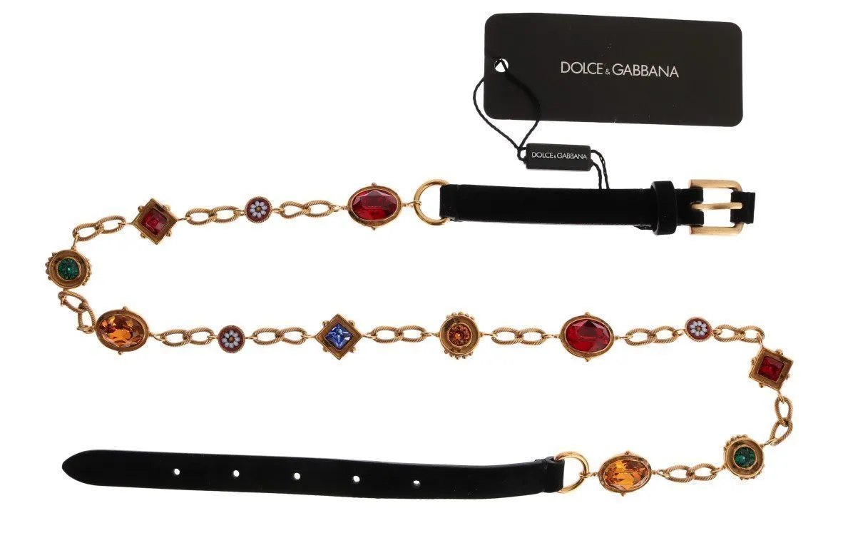Black Leather Crystal Gold Chain Belt