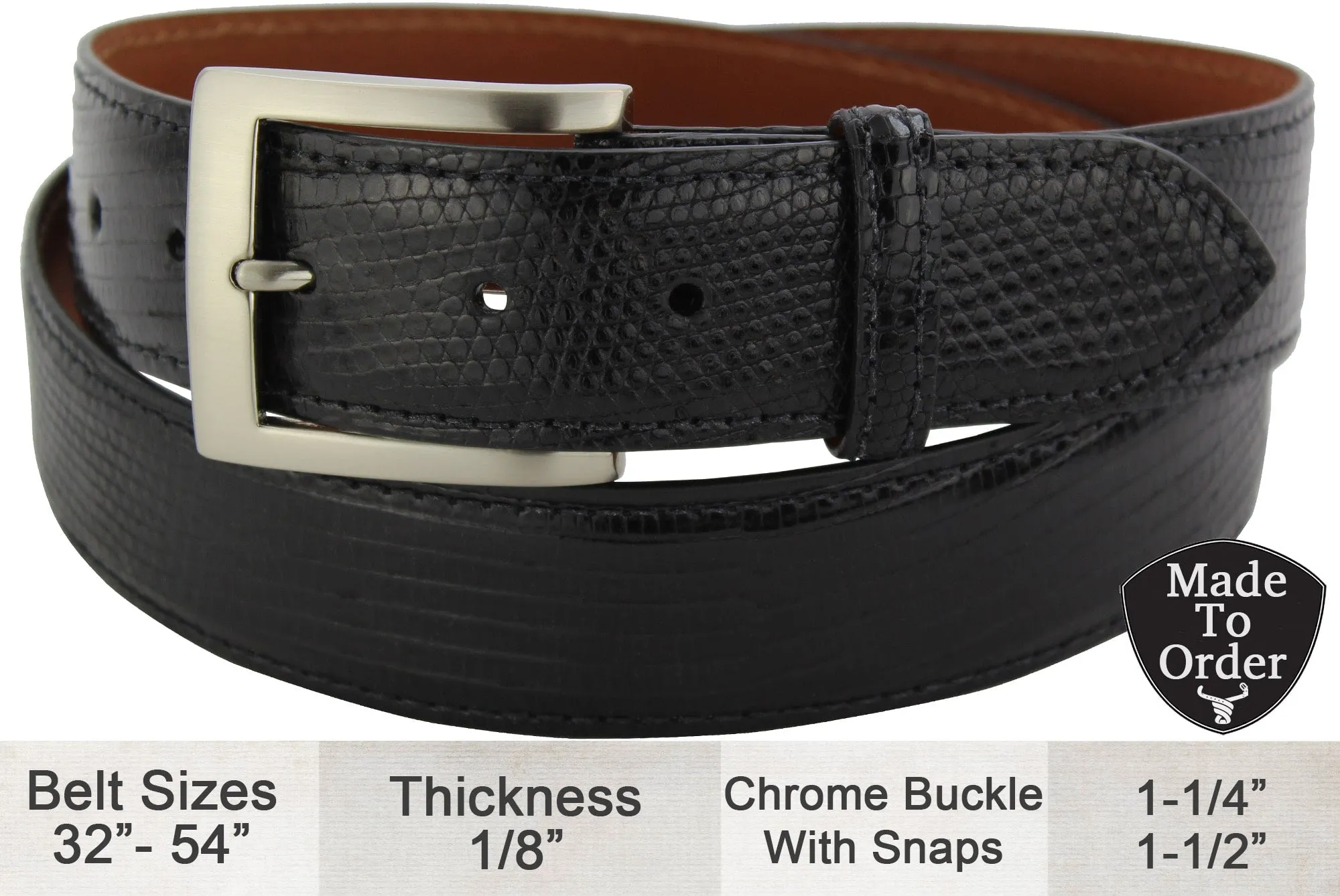 Black Lizard Skin Designer Full Grain Leather Belt **Made To Order Allow 5 To 6 Weeks To Ship