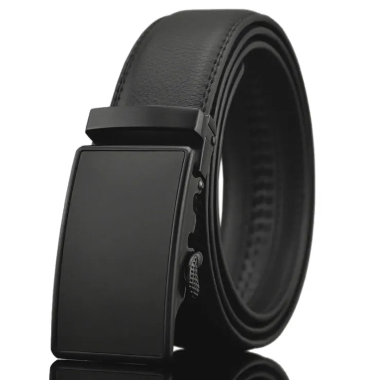 Black Mens Adjustable Ratchet Slide Buckle Belt - Genuine Leather Automatic Belt with No Holes