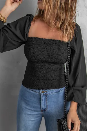 Black Puff Sleeve Smocked Top