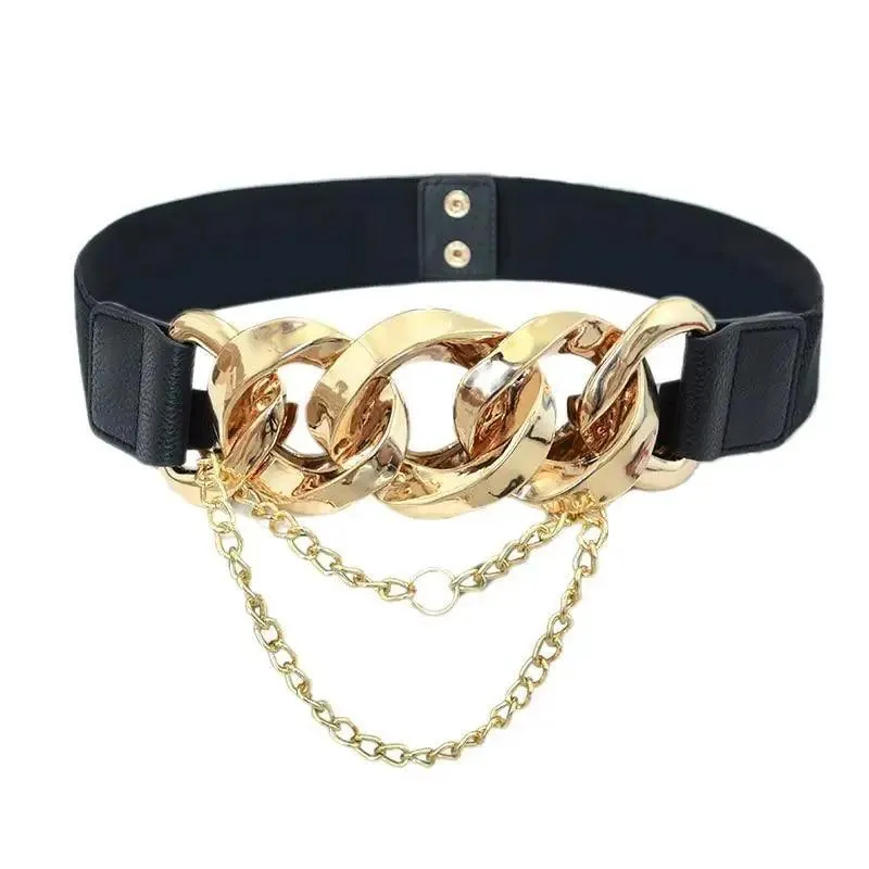 Black Vintage Ladies Dress Belt Charming Chain Buckle Elastic Luxurious Women Belt Metal Chain Style Party Fashion Belts For Ladies
