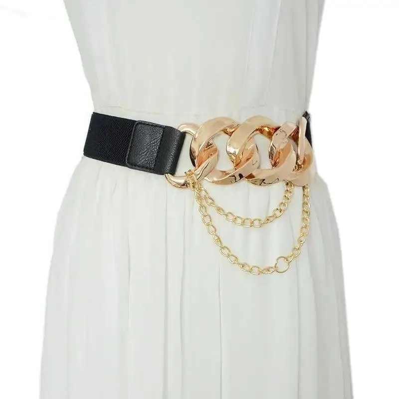 Black Vintage Ladies Dress Belt Charming Chain Buckle Elastic Luxurious Women Belt Metal Chain Style Party Fashion Belts For Ladies