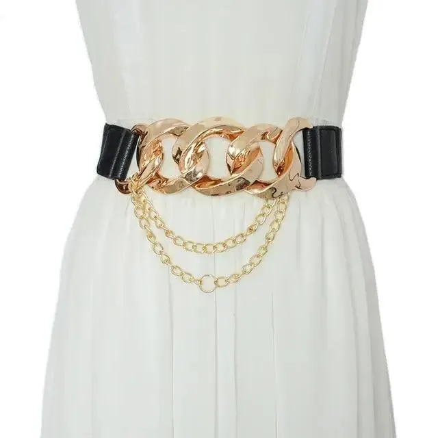 Black Vintage Ladies Dress Belt Charming Chain Buckle Elastic Luxurious Women Belt Metal Chain Style Party Fashion Belts For Ladies