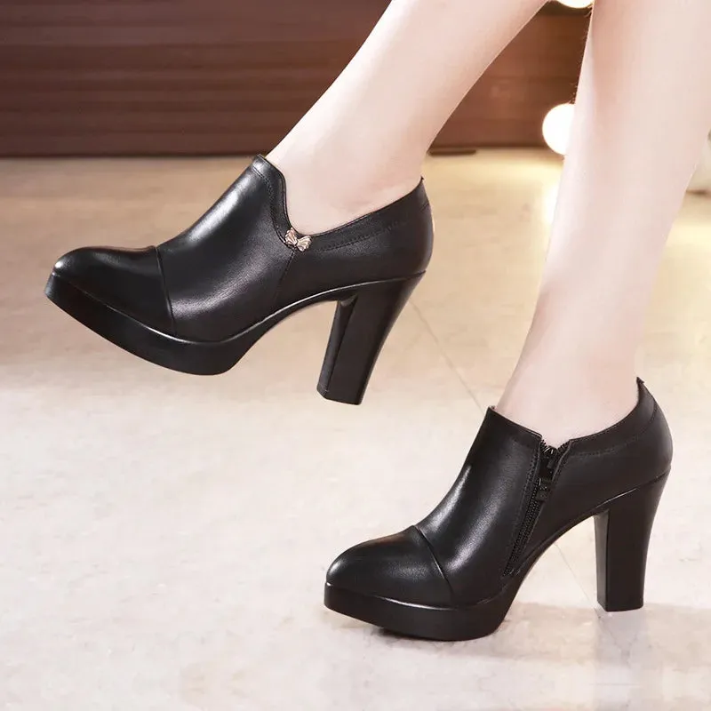 Block Heels Platform Pumps Women Split Leather Shoes High Heels for Thin Feet Office Model Mom