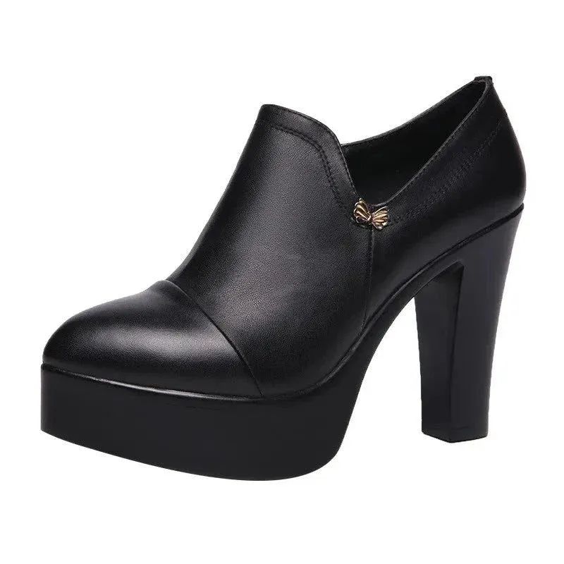 Block Heels Platform Pumps Women Split Leather Shoes High Heels for Thin Feet Office Model Mom