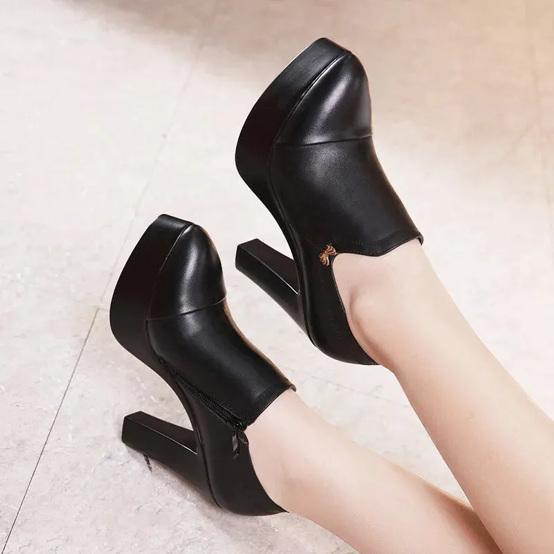 Block Heels Platform Pumps Women Split Leather Shoes High Heels for Thin Feet Office Model Mom