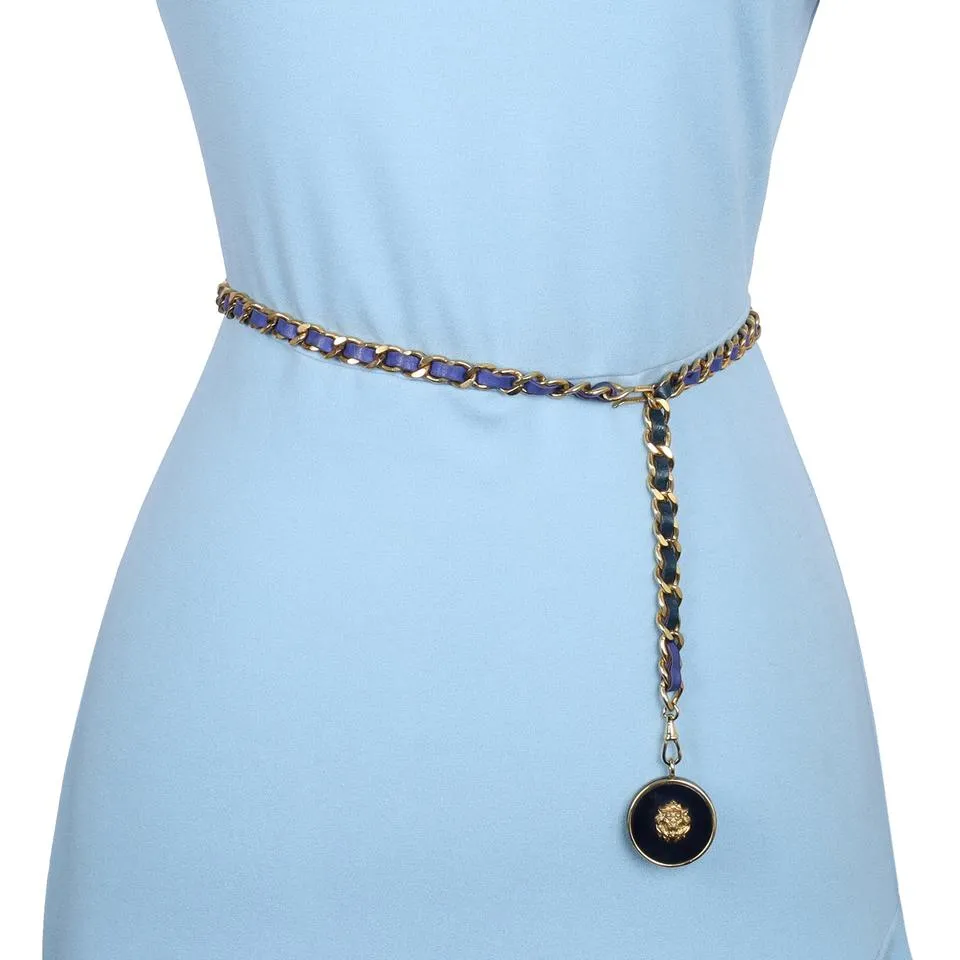 Blue Leather Braided Chain Belt
