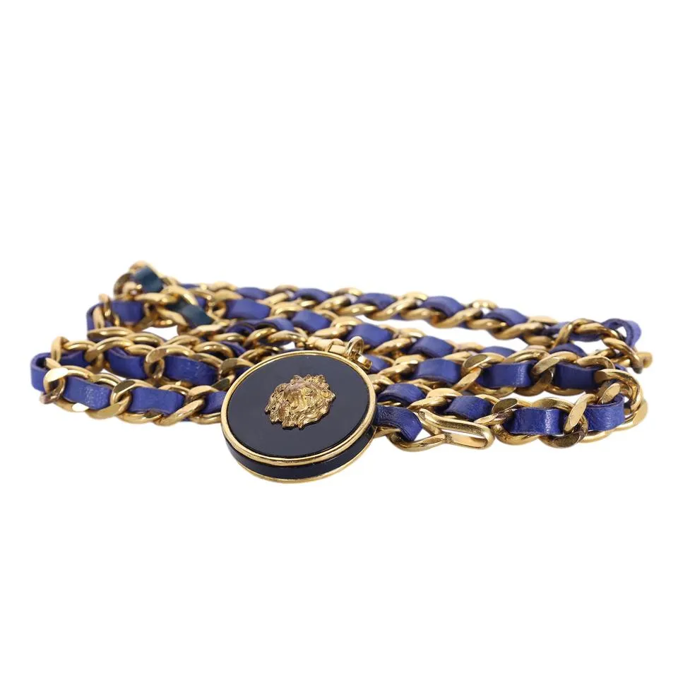 Blue Leather Braided Chain Belt