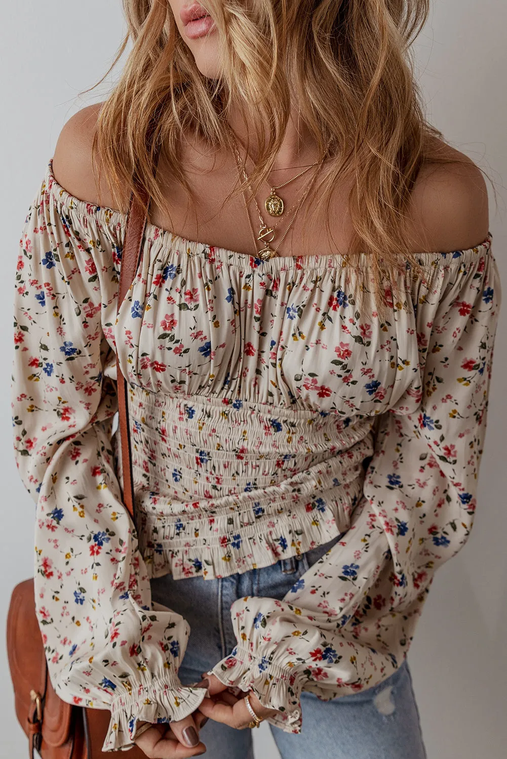 Boho Floral Smocked Waist V Neck Blouse