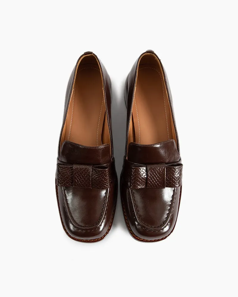 Bow Embossed Leather Mid Heel Loafers