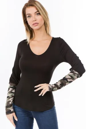 Camo Sleeve Deep U Neck Shirt