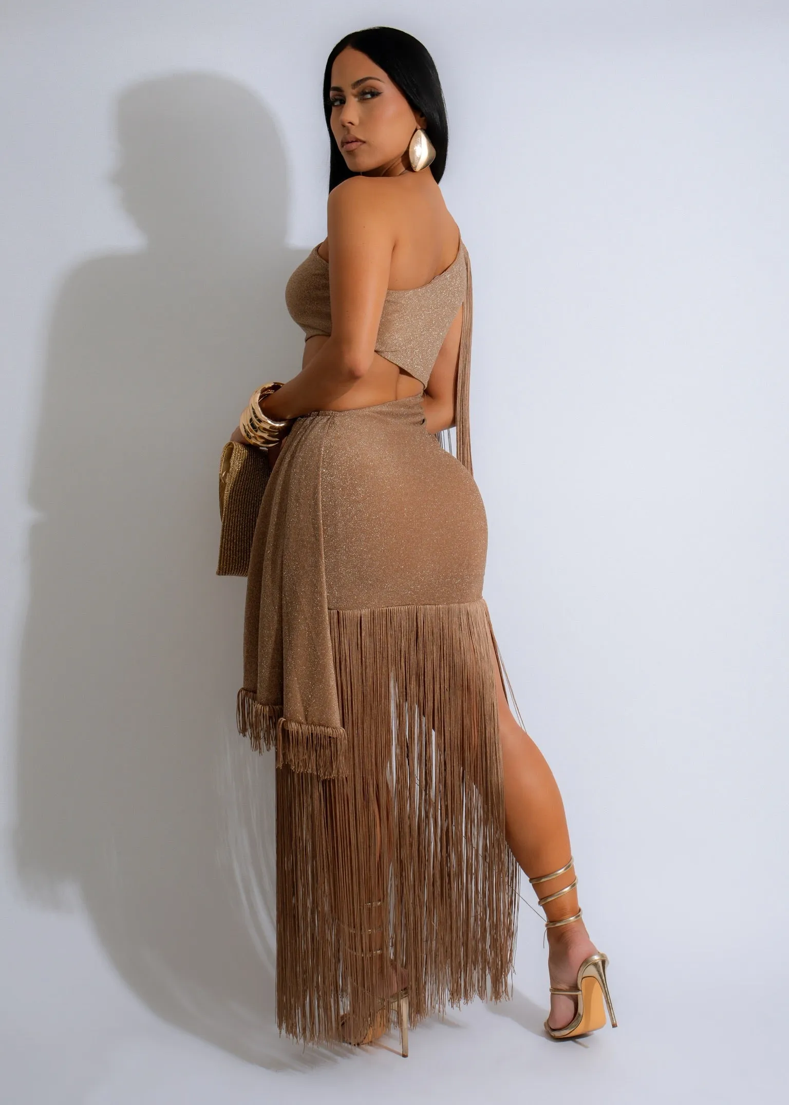 Can't Look Back Fringes Maxi Dress Gold