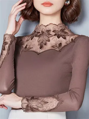 Casual Long Sleeve Lace Blouses with Turtleneck