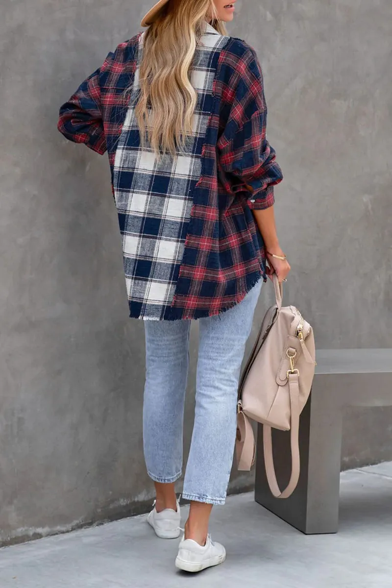 Casual Plaid Patchwork Turndown Collar Blouses
