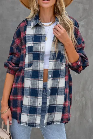 Casual Plaid Patchwork Turndown Collar Blouses