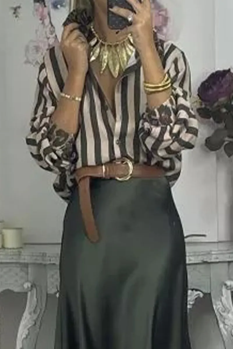Casual Stripe Leopard Patchwork Contrast Shirt Collar Blouses