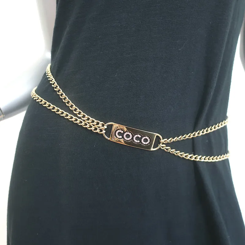 Chanel 02P Coco Name Plate Chain Belt Pink Crystals