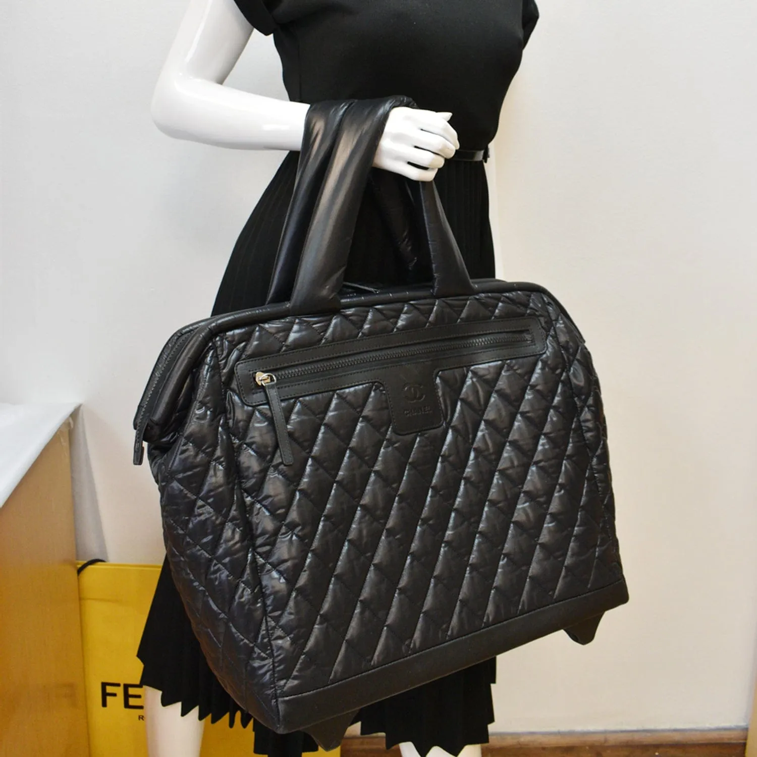 CHANEL Coco Cocoon Quilted Nylon Trolley Rolling Bag Black