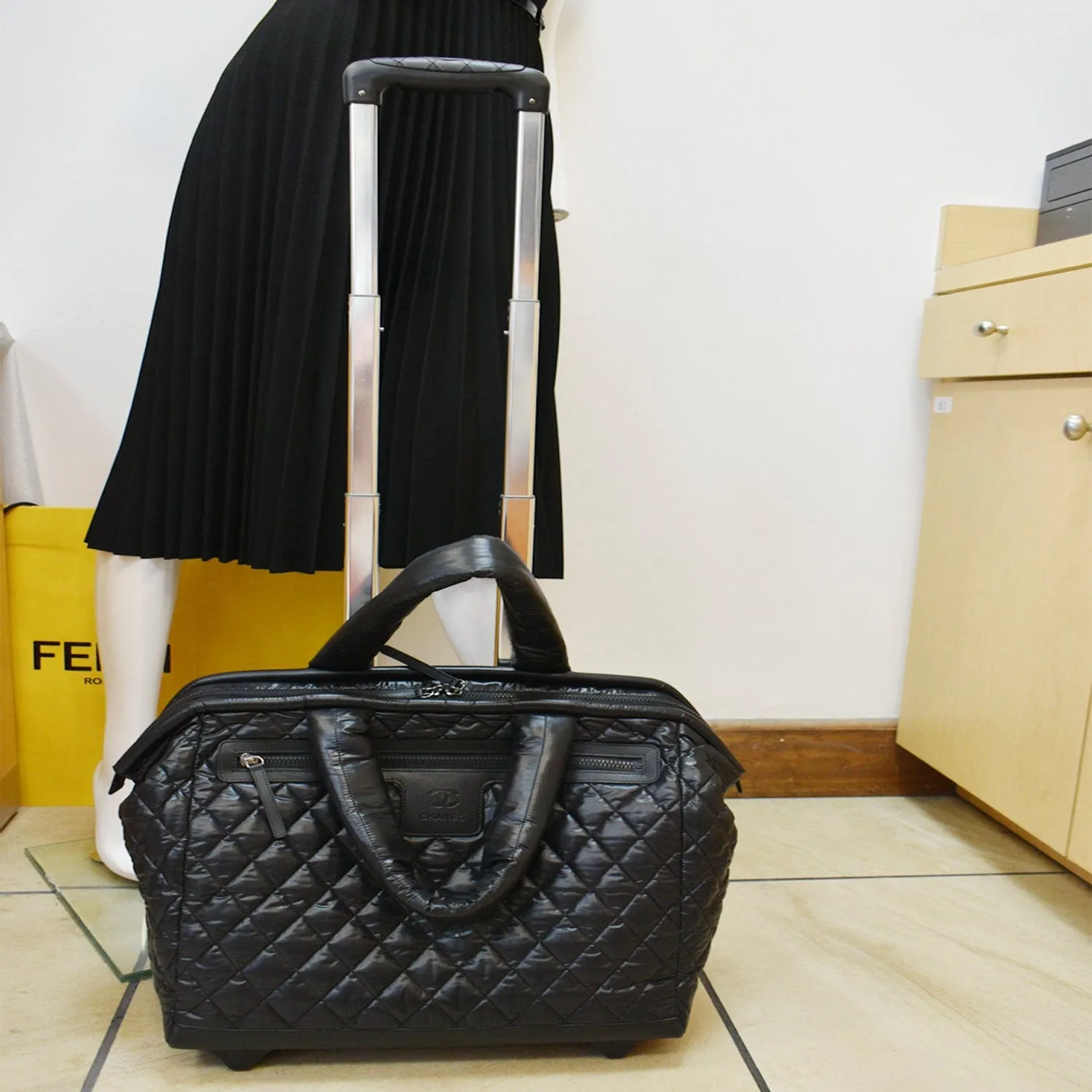 CHANEL Coco Cocoon Quilted Nylon Trolley Rolling Bag Black