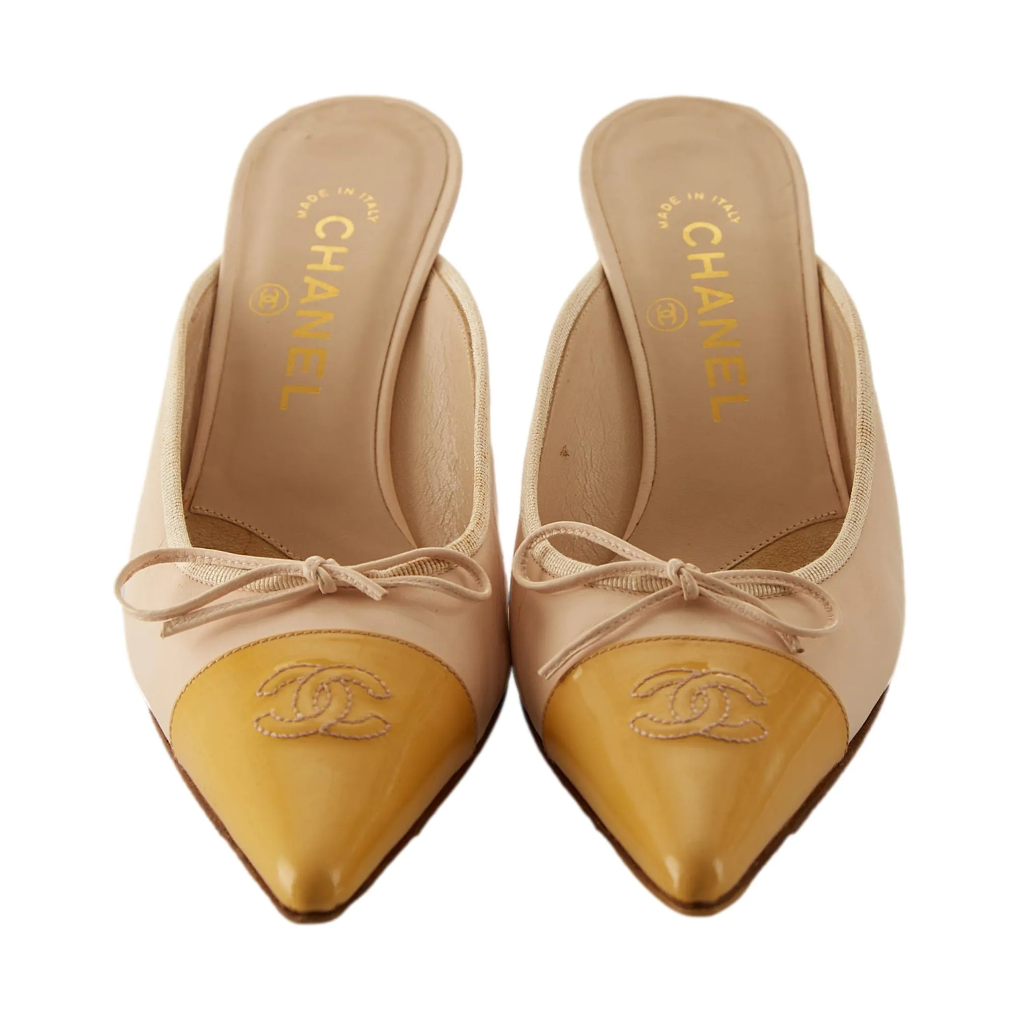 Chanel Yellow Logo Bow Kitten Heels